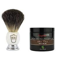 Parker Large Black Badger Hair Shaving Brush with Marble Effect Handle and Stand Plus Taconic Shave Bay Rum Shaving Cream with Organic Oils 118ml Tub