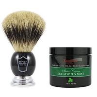 Parker Large Pure Badger Hair Shaving Brush with Black Resin Handle and Stand Plus Taconic Shave Eucalyptus Mint Shaving Cream with Organic Oils 118ml
