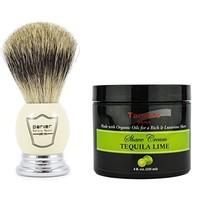 Parker Luxury Best Badger Hair Shaving Brush with Faux Ivory Handle and Stand Plus Taconic Shave Tequila Lime Shaving Cream with Organic Oils 118ml Tu