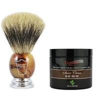 Parker Large Pure Badger Hair Shaving Brush with Faux Horn Handle and Stand Plus Taconic Shave Bay Rum Shaving Cream with Organic Oils 118ml Tub