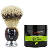 Parker Large Silvertip Badger Hair Shaving Brush with Faux Horn Handle and Stand Plus Taconic Shave Tequila Lime Shaving Cream with Organic Oils 118ml