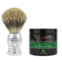 Parker Pure Badger Hair Shaving Brush with Chrome Plated Handle and Stand Plus Taconic Shave Eucalyptus Mint Shaving Cream with Organic Oils 118ml Tub