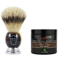 Parker Large Silvertip Badger Hair Shaving Brush with Faux Horn Handle and Stand Plus Taconic Shave Bay Rum Shaving Cream with Organic Oils 118ml Tub