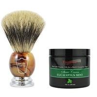 Parker Large Pure Badger Hair Shaving Brush with Faux Horn Handle and Stand Plus Taconic Shave Eucalyptus Mint Shaving Cream with Organic Oils 118ml T