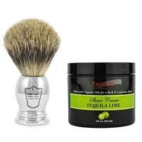 Parker Pure Badger Hair Shaving Brush with Chrome Plated Handle and Stand Plus Taconic Shave Tequila Lime Shaving Cream with Organic Oils 118ml Tub