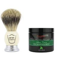 Parker Luxury Best Badger Hair Shaving Brush with Faux Ivory Handle and Stand Plus Taconic Shave Eucalyptus Mint Shaving Cream with Organic Oils 118ml