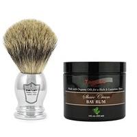 Parker Pure Badger Hair Shaving Brush with Chrome Plated Handle and Stand Plus Taconic Shave Bay Rum Shaving Cream with Organic Oils 118ml Tub