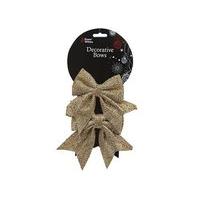 Pack Of 2 13 x 16cm Glitter Christmas Gold Gift Bow Decorations