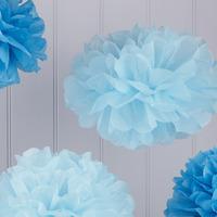 pale blue and dark blue pom poms