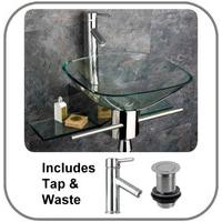 Padova 42cm Square Clear Glass Wall Hung Sink with Stainless Mount and Tap