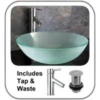 Padova 42cm Frosted Glass Round Wash Basin with Mixer Tap and Plug