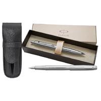 Parker IM Premium Shiny Chiselled Chrome Trim Fountain Pen Ball Pen Set with Pen Pouch