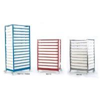 Painted 10 Tray Racks / Trolleys with trays 1240h x 570w x 800d