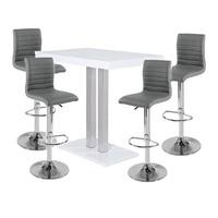 Palzo Bar Table In White High Gloss With 4 Ripple Grey Stools