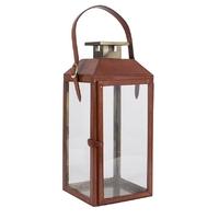 Pacific Lifestyle Tan Leather Metal and Glass Square Lantern Large