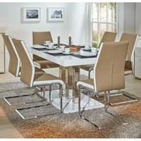 Palzo Dining Table In White Gloss With 6 Marine Beige Chairs