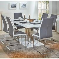 Palzo Dining Table In White High Gloss And 6 Marine Grey Chairs