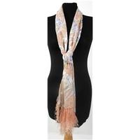 pale peach tassel scarf with multi coloured floral print