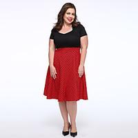 Party / Plus Size Vintage Swing Dress, Patchwork V Neck Knee-length Short Sleeve Red / White Cotton Spring Mid Rise Micro-elastic