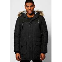 Parka With Fishtail And Faux Fur Hood - black