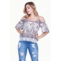 paisley crinkle cold shoulder blouse