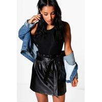 Paperbag Waist Leather Look Skirt - black
