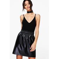 Paperbag Waist Metallic Leather Look Skirt - black