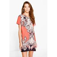 Paisley Border Print Shift Dress - neon-coral