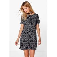 Paisley 3/4 Sleeve Shift Dress - black