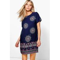 Paisley Border Print Shift Dress - navy