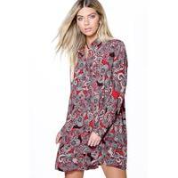 Paisley Long Sleeve Shirt Dress - red