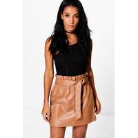 Paperbag Waist Leather Look Skirt - tan