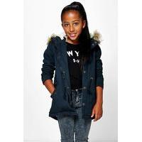Padded Faux Fur Hooded Parka - navy