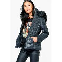 Padded Jacket With Faux Fur Hood - black