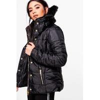 Padded Jacket With Detachable Faux Fur Collar - black