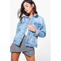 Paint Splatter Distressed Denim Jacket - blue