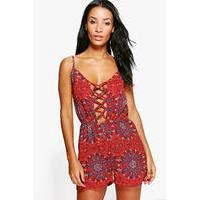 Paisley Lace Up Beach Playsuit - red