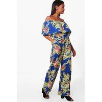 Palm Print Off Shoulder Jumpsuit - blue