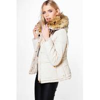 padded jacket with faux fur hood stone