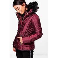 Padded Jacket With Detachable Faux Fur Collar - wine