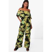 Palm Print Off Shoulder Jumpsuit - green