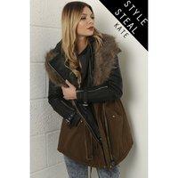 parka coat with faux leather amp fur detail