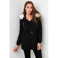 parka coat with white fur in black