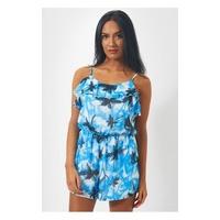 Palm Print Frill Playsuit In Blue