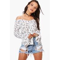 Paisley Flare Sleeve Bardot Shirt - white