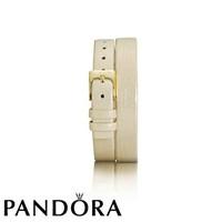 PANDORA Double Oblong Light Gold Leather Strap With Gold Buckle