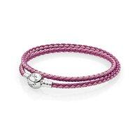 PANDORA Silver and Pink Mix Leather Double Bracelet