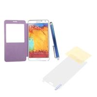 Pen+Screen Film+Flip PU Leather Smart View Battery Housing Case Cover for Samsung N9000 Galaxy Note3 Purple