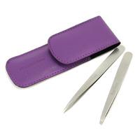 Petite Tweeze Set: Slant Tweezer + Point Tweezer - ( With Lavendar Leather Case ) 2pcs