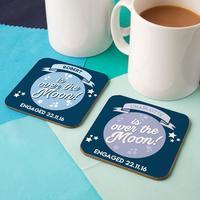 Personalised Over the Moon Engagement Double Coaster Set